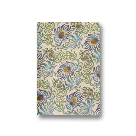 Kartos soft cover A6 journal with peacock feather design, featuring a textured peacock-colored cover and blank pages.