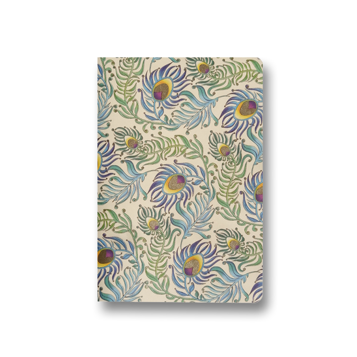 Kartos soft cover A6 journal with peacock feather design, featuring a textured peacock-colored cover and blank pages.