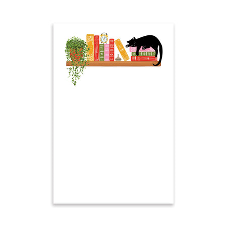 Black Cat Bookshelf illustrated notepad by Lucy Loves Paper featuring a playful feline design with shelves and books.