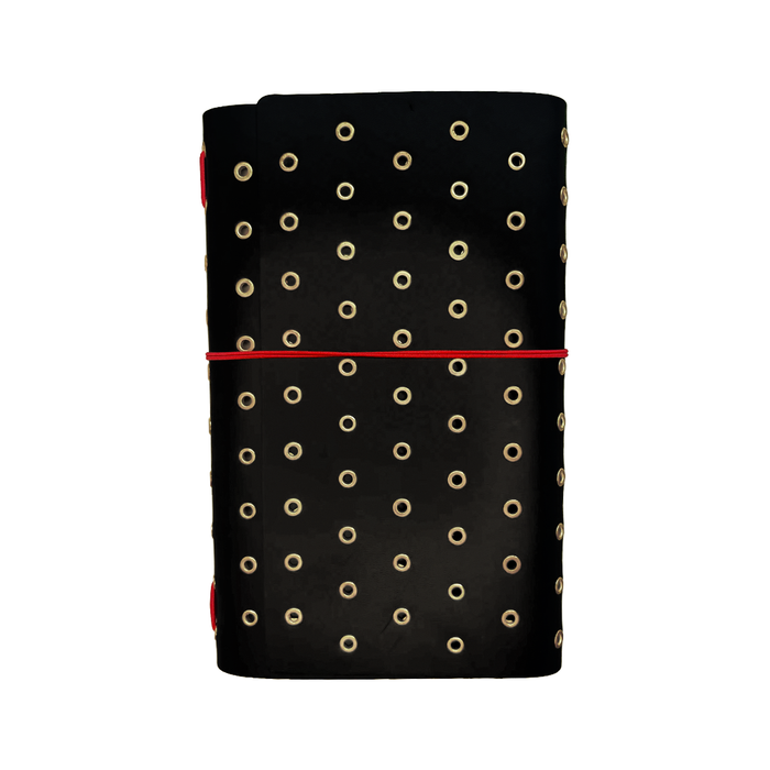 Black A5 trifold journal cover featuring a dancer design with gold grommets by Imperfect Concepts.