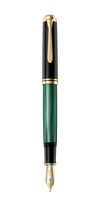 Pelikan Souverän M1000 green fountain pen with gold accents and a silver nib on a white background.