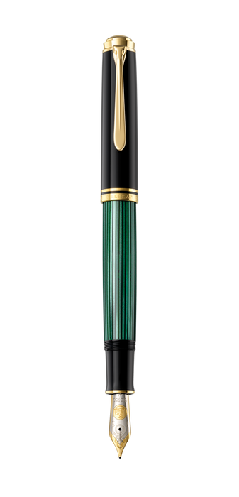 Pelikan Souverän M1000 green fountain pen with gold accents and a silver nib on a white background.
