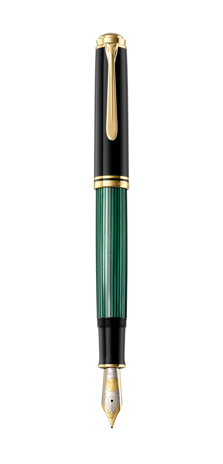 Pelikan Souverän M1000 green fountain pen with gold accents and a silver nib on a white background.