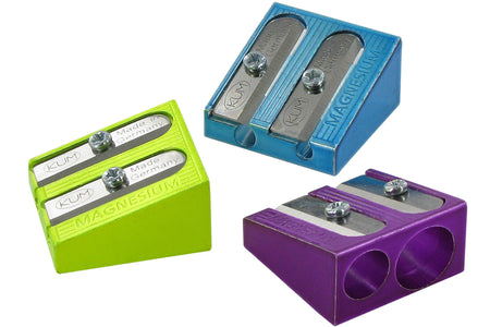 KUM 475 pencil sharpener in three cool colors with a compact design and easy-to-use manual mechanism.