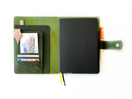 Jungle green leather A5 notebook folio by Eng Leather Co. with smooth leather cover and stitched edges.