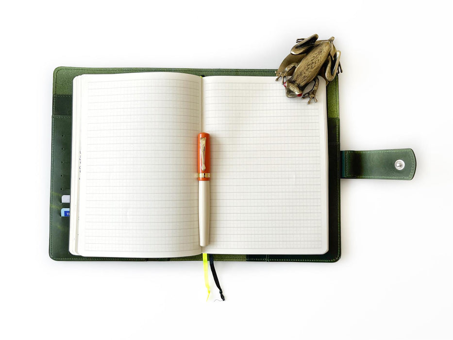 Jungle green leather notebook folio by Eng Leather Co. in A5 size, showing textured leather cover with stitched edges.