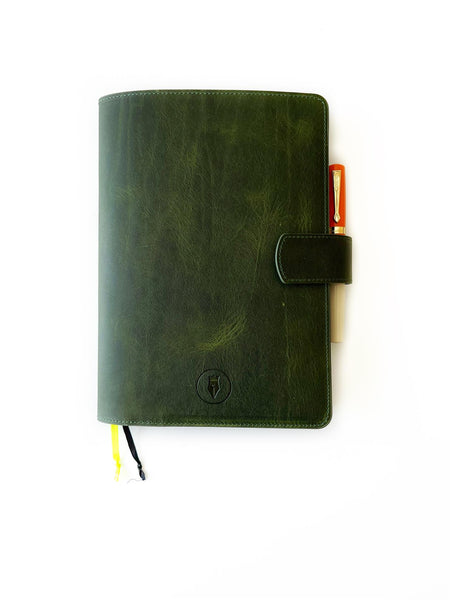 Eng Leather Co. A5 leather notebook folio in jungle green, featuring a textured leather cover and sleek design.