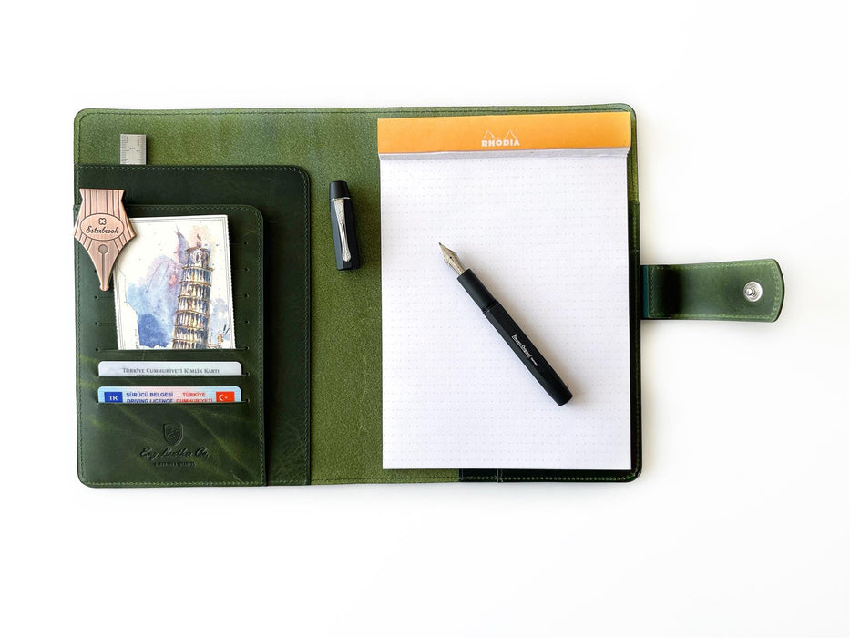 Jungle green leather notebook folio by Eng Leather Co. in A5 size with a sleek, professional design and textured leather finish.