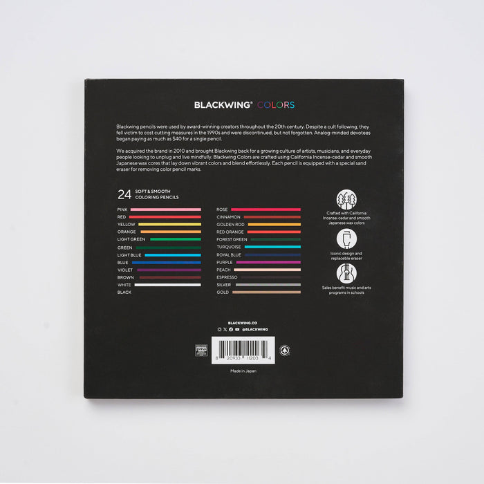Set of 24 Blackwing colored pencils with vibrant shades, arranged in a row on a white background.