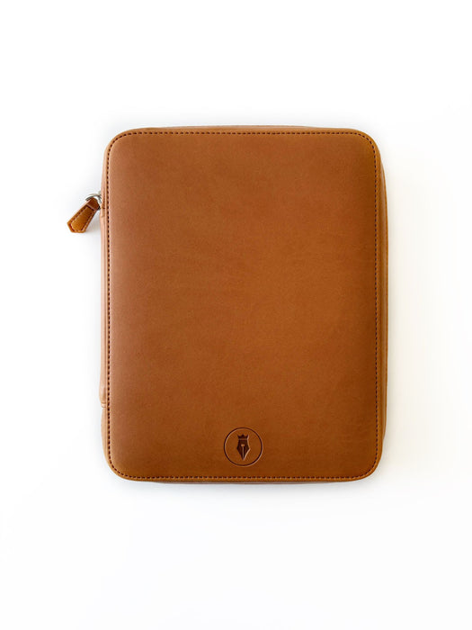 Eng Leather Co. vegan camel leather 18-slot Apple pen case shown with pens inside, stylish and compact storage for Apple pens.
