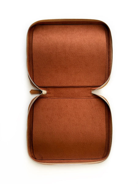 Eng Leather Co. vegan leather 18-slot Apple pen case in camel color, designed to hold and organize multiple pens and styluses.