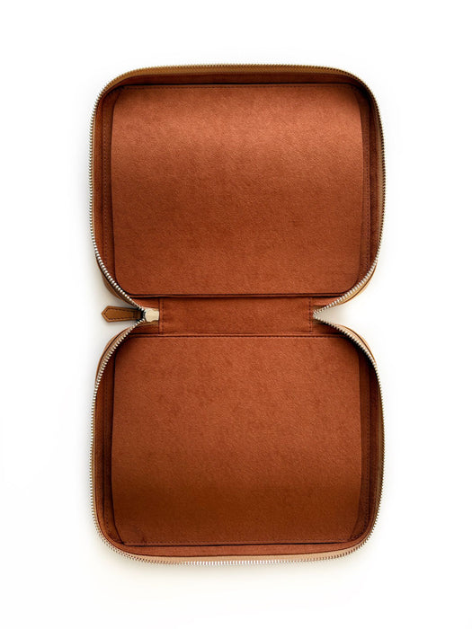 Eng Leather Co. vegan leather 18-slot Apple pen case in camel color, designed to hold and organize multiple pens and styluses.