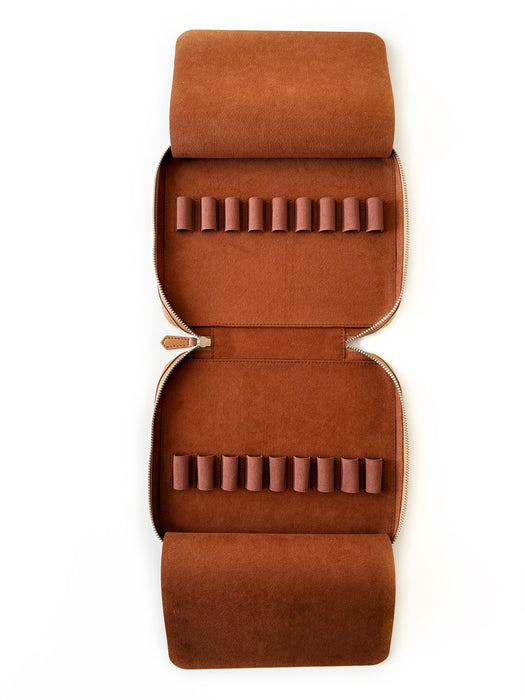 Eng Leather Co. 18-slot Apple leather pen case in camel vegan leather, with pens neatly organized inside.
