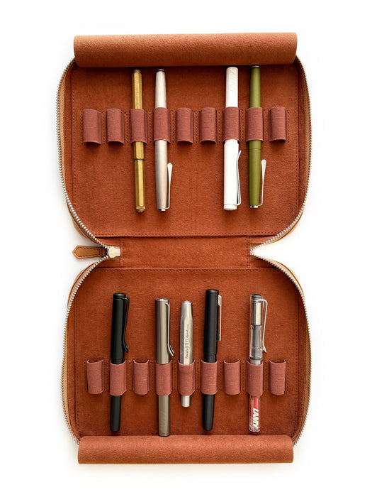 Eng Leather Co. 18-slot Apple leather pen case in camel vegan leather, designed for organized storage of pens and accessories.