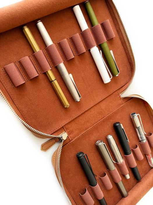 Eng Leather Co. Camel vegan leather 18-slot Apple pen case with organized slots for pens and accessories.