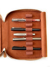 Eng Leather Co. 18-slot Apple leather pen case in camel color, vegan material with multiple pen compartments.