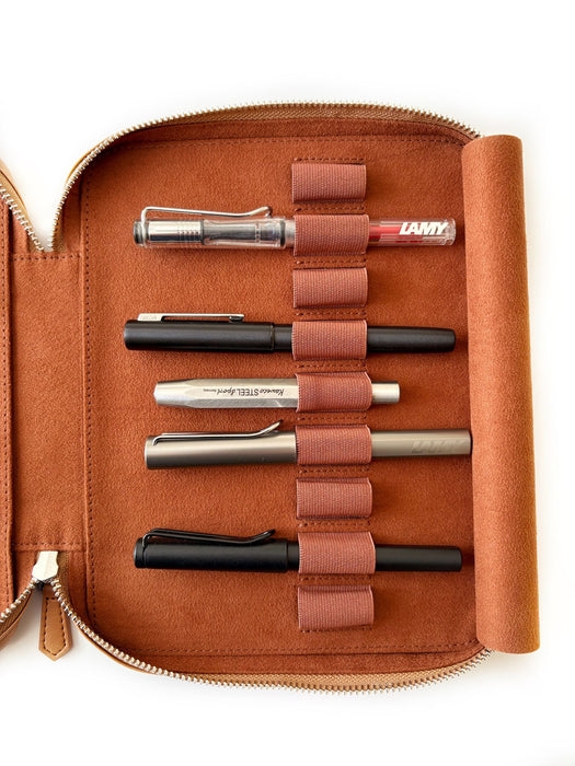Eng Leather Co. 18-slot Apple leather pen case in camel color, vegan material with multiple pen compartments.