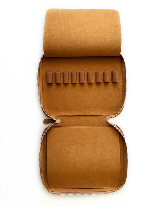 Eng Leather Co. camel vegan leather 18-slot Apple pen case with sleek design and secure slot for Apple pens and styluses.
