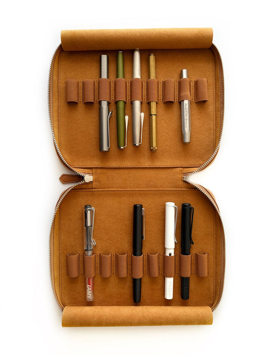 Eng Leather Co. vegan camel leather 18-slot Apple pen case with sleek design and multiple compartments for organizing pens.