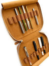 Camel vegan leather 18-slot Apple pen case by Eng Leather Co., with multiple pen compartments and sleek design.