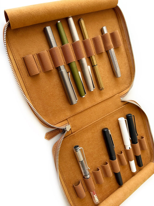 Camel vegan leather 18-slot Apple pen case by Eng Leather Co., with multiple pen compartments and sleek design.