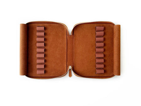 Eng Leather Co. 18-slot leather pen case in autumn golden leaf color, showcasing its elegant design and multiple pen compartments.