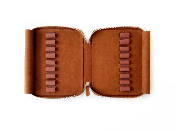 Eng Leather Co. 18-slot leather pen case in autumn golden leaf color, showcasing its elegant design and multiple pen compartments.