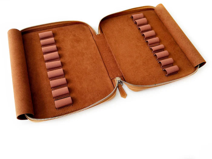 Eng Leather Co. 18-slot leather pen case in autumn golden leaf color, showcasing sleek design and high-quality craftsmanship.