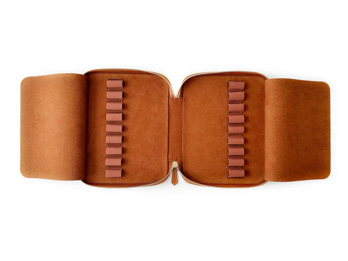 Eng Leather Co. 18-slot leather pen case in autumn golden leaf color, showcasing a sleek, compact design with multiple pen compartments.