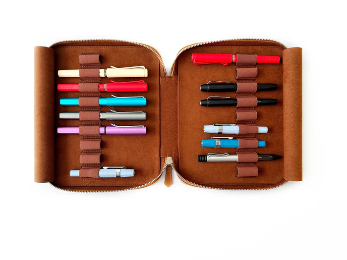 Eng Leather Co. 18-slot leather pen case in autumn golden leaf color, featuring a sleek design and high-quality leather construction.