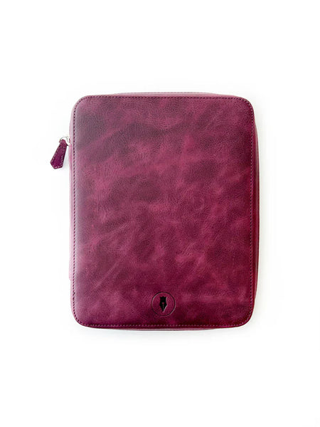 Eng Leather Co. 18-slot leather pen case in dark lavender, with neatly organized pens and a smooth textured finish.
