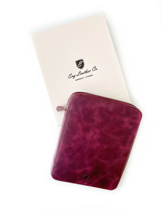 Eng Leather Co. 18-slot leather pen case in dark lavender with a sleek, compact design for organizing writing instruments.