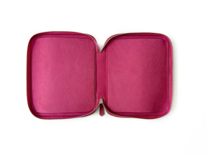 Eng Leather Co. 18-slot leather pen case in dusty rose with stitched edges and organized pen slots on a neutral background.