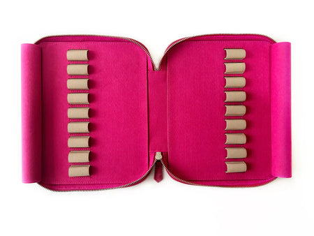 Eng Leather Co. 18-slot leather pen case in dusty rose with multiple pen slots and smooth leather finish.