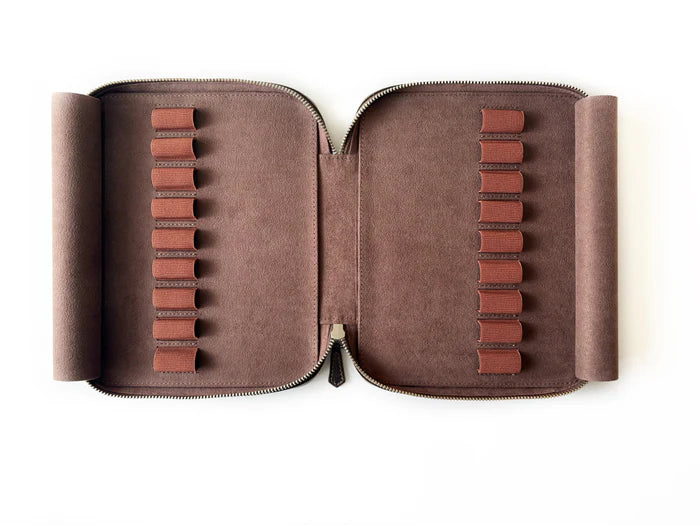 Eng Leather Co. 18-slot leather pen case in galaxy design, holding pens with a sleek, organized look.