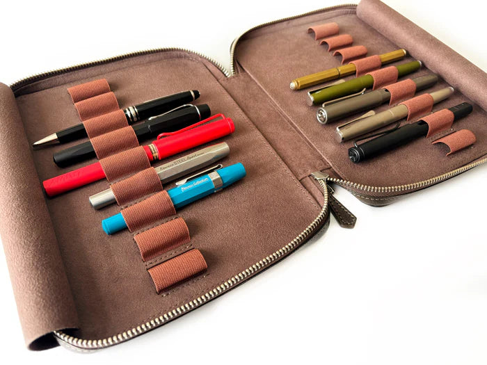 Eng Leather Co. 18-slot leather pen case in galaxy design, with multiple compartments for organizing pens and writing tools.