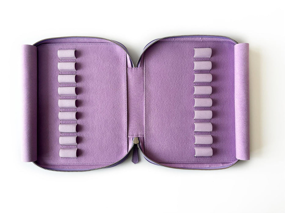 Eng Leather Co. 18-slot leather pen case in light lavender with multiple compartments for organizing pens and accessories.