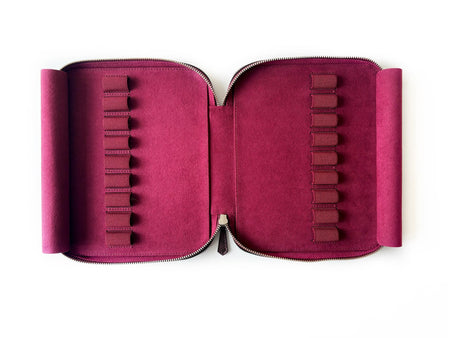 Eng Leather Co. 18-slot leather pen case in Northern Galaxy Light with multiple pens displayed inside.
