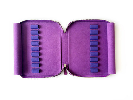 Violet leather pen case with 18 slots from Eng Leather Co., showcasing a sleek and compact storage solution for pens and writing instruments.