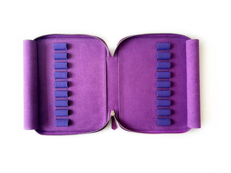 Violet leather pen case with 18 slots from Eng Leather Co., showcasing a sleek and compact storage solution for pens and writing instruments.