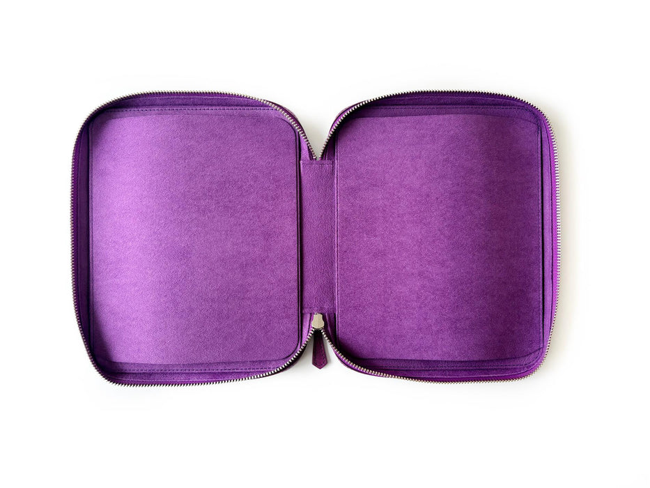 Violet leather pen case with 18 slots from Eng Leather Co., displaying a sleek, organized storage for pens and writing tools.