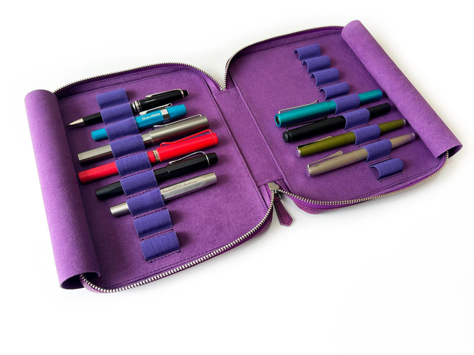 Violet leather pen case with 18 slots from Eng Leather Co., featuring a sleek, organized design for storing pens and writing tools.