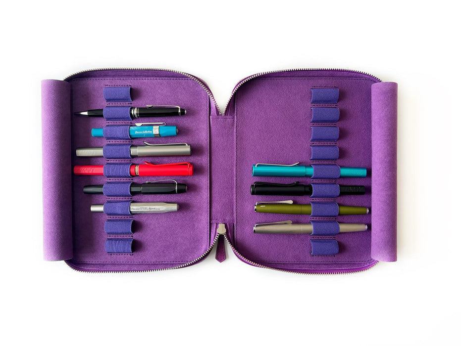 Eng Leather Co. violet leather pen case with 18 slots, showcasing a sleek, compact design for organizing pens and writing instruments.