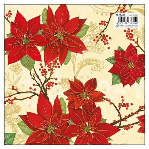 Kartos poinsettia and gold wrapping paper with festive holiday design, ideal for gift wrapping and seasonal decorations.