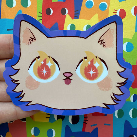 Glossy Impassioned Kitty sticker by BBall Y'all featuring a vibrant, colorful cat design on a clear adhesive surface.