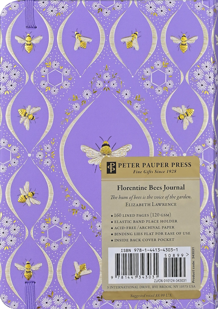 Florentine Bees Journal by Peter Pauper Press with decorative cover featuring bee and floral design, open to lined pages.