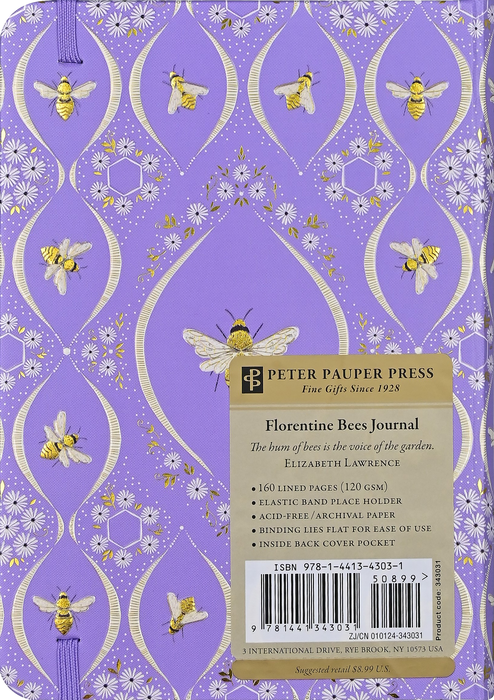 Florentine Bees Journal by Peter Pauper Press with decorative cover featuring bee and floral design, open to lined pages.