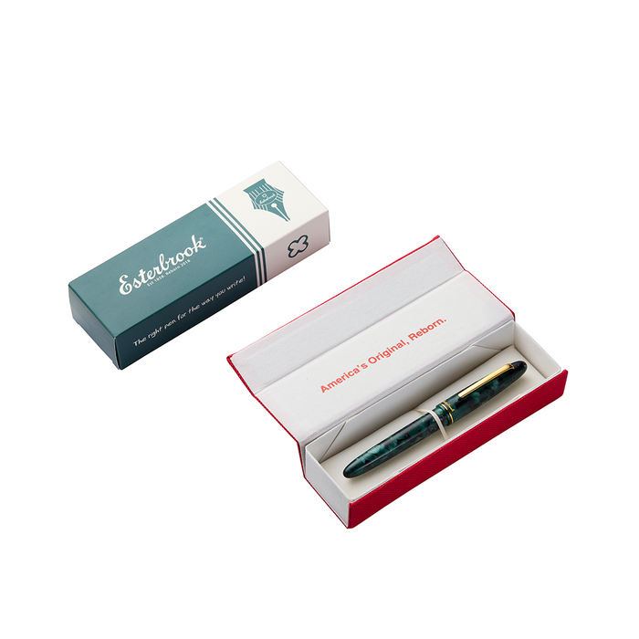 Esterbrook Estie Evergreen fountain pen ink bottle showing vibrant green ink with a clear glass container and label.