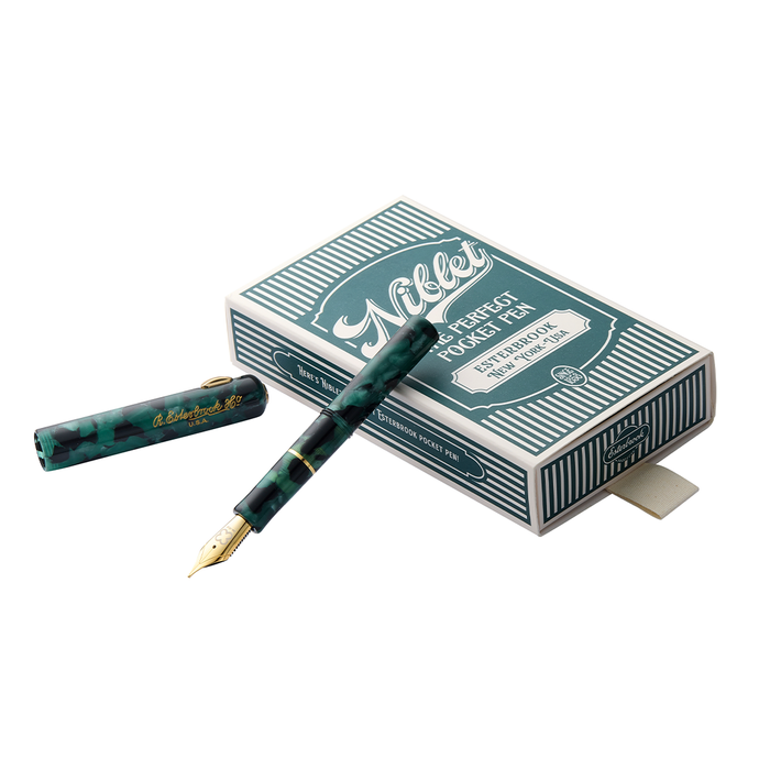 Esterbrook Niblet Evergreen fountain pen ink bottle with green ink for fountain pens, showcasing the product and label.