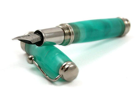 Jean-Pierre Lepine Indigo Classic Murano fountain pen with blue-green ink and sleek design, detailed close-up image.